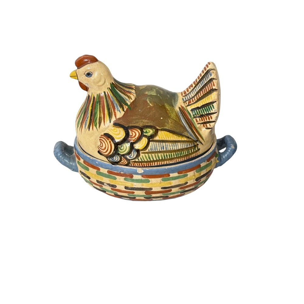 Vintage Mexico Ceramic Hen on Nest Casserole Dish Tureen Multicolor Hand Painted